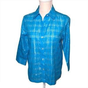 Chico’s Additions Blue Woven Plaid Button Up Shirt Shiny Semi-Sheer  Size 0